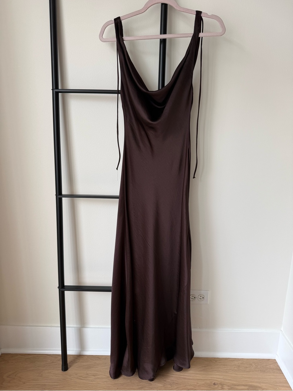 Zara Satin Cowl Maxi Dress in Dark Brown